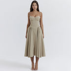 V neck Strap Mid Length Dress Waist Tight Slim Backless Dress for