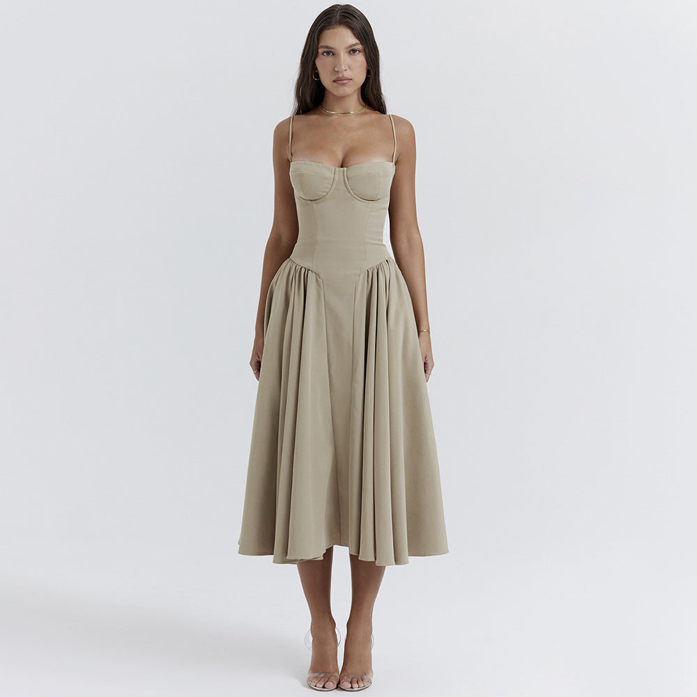 V neck Strap Mid Length Dress Waist Tight Slim Backless Dress for