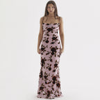 Mesh Floral Print Slip Dress Slim Fit Elegant Floral Maxi Dress Holiday Dress Backless