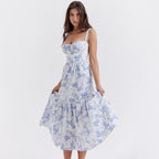 Collection Dress Sweet Spicy Floral Midi Backless Sleeveless Strap Dress for Summer