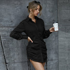 Reha Ruched Button Down Shirt Dress Black