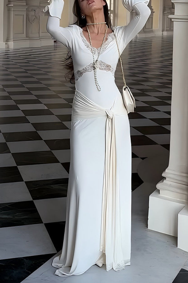 Fashion Lace Splicing Sexy V-neck Long-sleeved Slim Maxi Dress