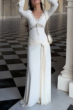 Fashion Lace Splicing Sexy V-neck Long-sleeved Slim Maxi Dress