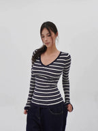 Low V-Neck Slim-Fit Long Sleeve Sweater