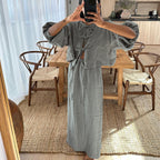 Retro Tea Dress for Puff Sleeve Shirt Set Summer