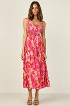 Edris Cotton Floral Tiered Midi Dress Coral Pink