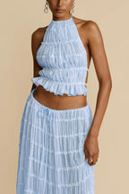 Versatile retro charm pleated drawstring waistline long skirt set