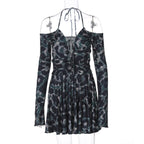 Pattern Print Long Sleeve Tether Halter Pleated Dress