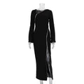 Early Shoulder Design Zipper Slit Black Hip Bag Dress