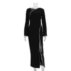 Early Shoulder Design Zipper Slit Black Hip Bag Dress
