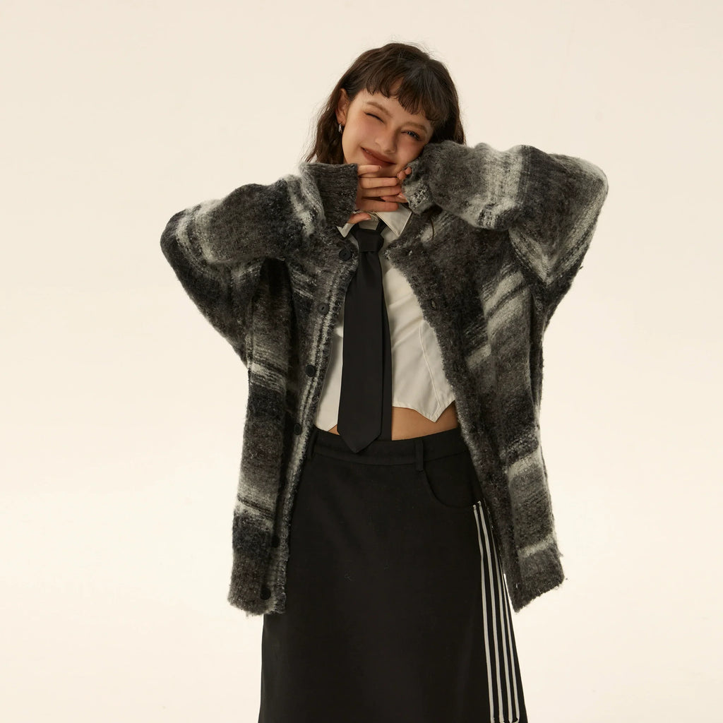 Oversized Fuzzy Striped Button-Up Cardigan