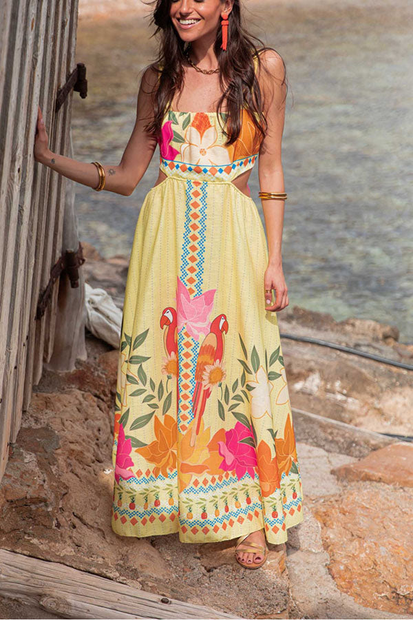 Resort Style Unique Print Sexy Square Neck Backless Waist Maxi Dress