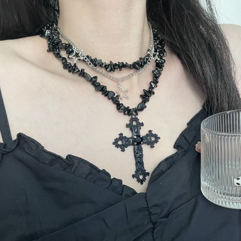 Diamond Cross Star Double Layer Hiphop Dark Necklace