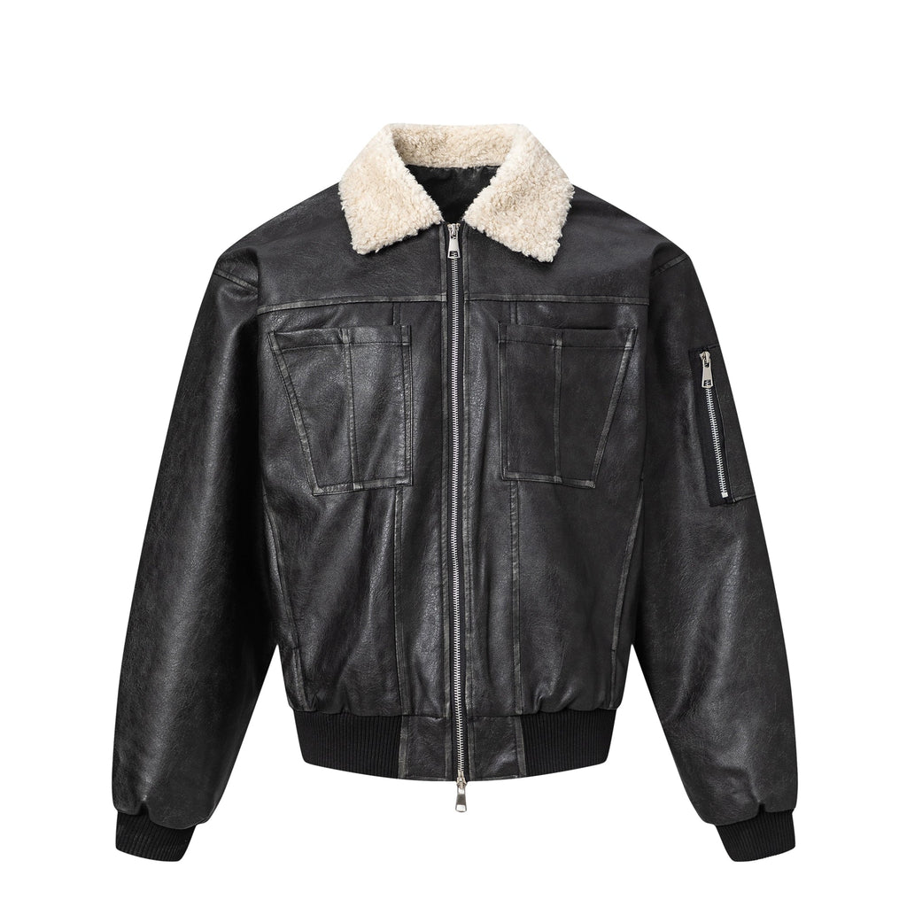 PU Leather Jacket with Lamb Wool Collar