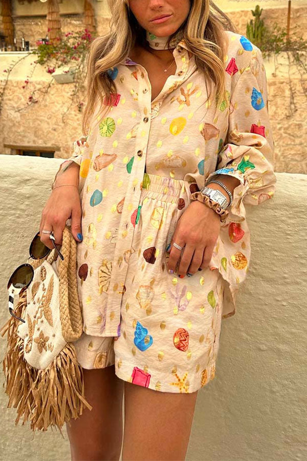 Fashionable Gold Stamping Unique Printing Lapel Long Sleeve Shirt and Elastic Waist Casual Pocket Shorts Set