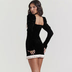 Dress Long Sleeve Square Neck Pleuche Dress Short Dress Slim Fit Backless Hip Dress