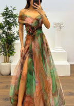 Fairy Flower Feather Pendant Elegant Fallen Fold Off Shoulder Party Split Design Long Dress