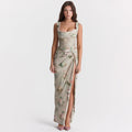 Chiffon Printed Spaghetti Straps Cropped Top Skirt Split Dress Two Piece Sets