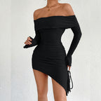 Autumn Winter Women Clothing off Neck Bell Sleeve Sheath Strapless Sexy Dress