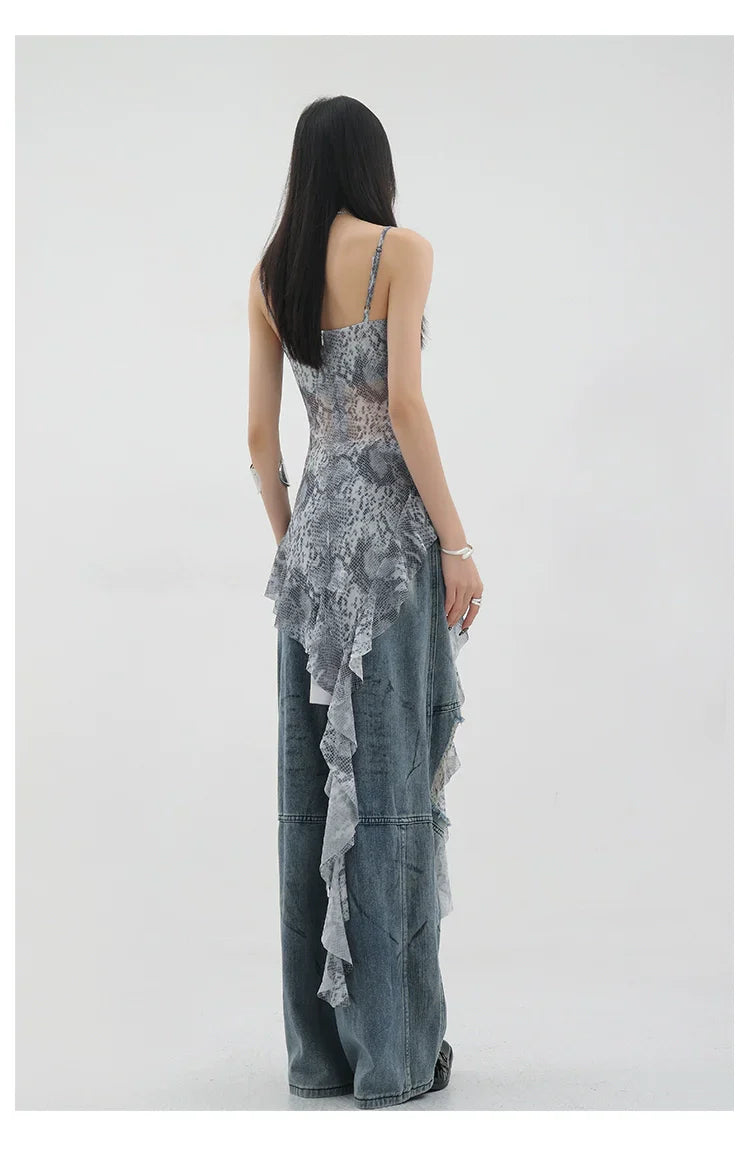Vintage Distressed And Dirt-Dyed Patchwork Wide-Leg Jeans