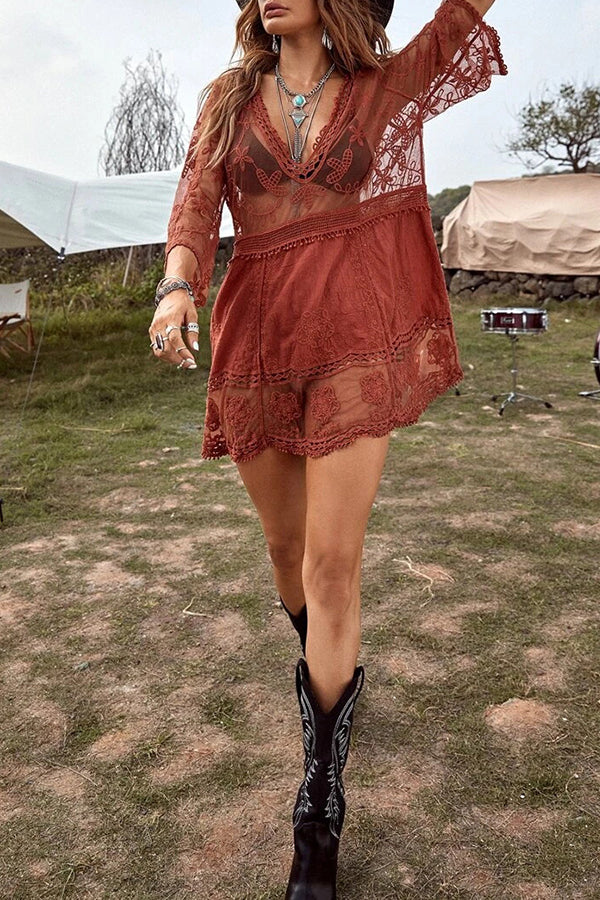 Lace V Neck Hollow Short Sleeved Cover Up