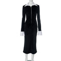 Office Collared Horn Long Sleeve Black White Contrast Color Length Dress