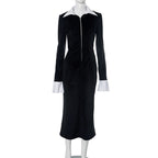 Office Collared Horn Long Sleeve Black White Contrast Color Length Dress