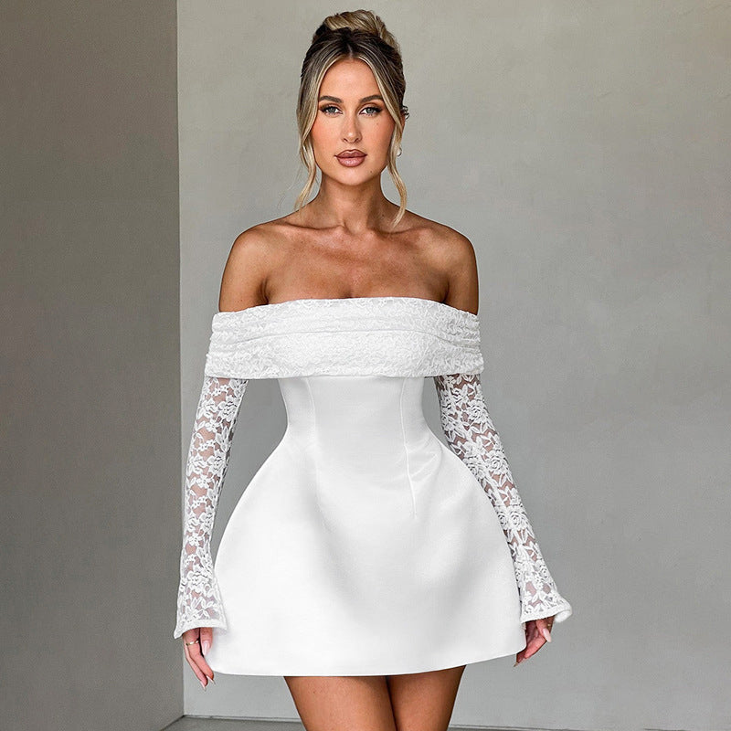 lothing off Neck Lace Stitching Long Sleeve Waist A line Dress