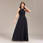 Halter Backless Pleated Waist Party Back Zipper Black a Large Swing Fully Lined Evening Dress