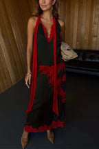 Sunday Social Contrast Color Satin Lace Trim Mid Rise Maxi Skirt