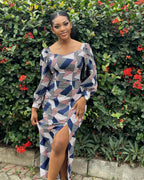 Blue Printed Plaid Simple Long Sleeve Slit Dress