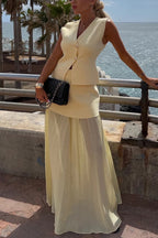Stylish and Elegant Knit Spliced Tulle Elastic Waist Pleated Maxi Skirt