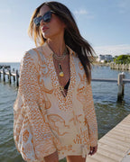 Ladies' Wealthy Satin Unique Printed Tassel Shirt and Elastic Waist Shorts Set