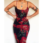 Spaghetti Strap Floral Print Stretch Slim Fit Dress Waist Sheath Dress