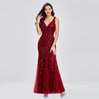 Evening Dress V neck Tulle Embroidered Sequ Mermaid Prom Formal Dress