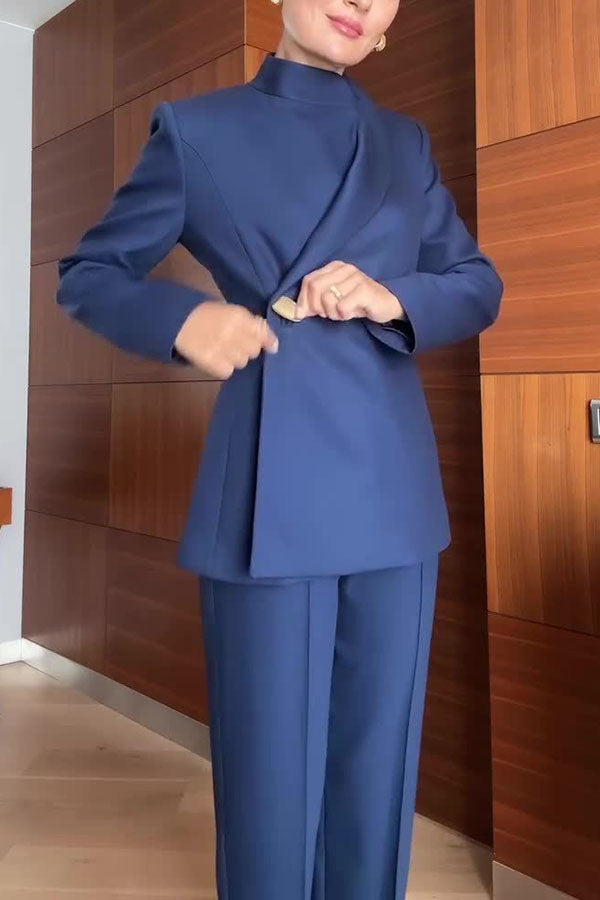 Elegant Women’s Navy Blue Pantsuit – Slim Fit Blazer with Asymmetric Button and Tailored Trousers for Business Office Wear