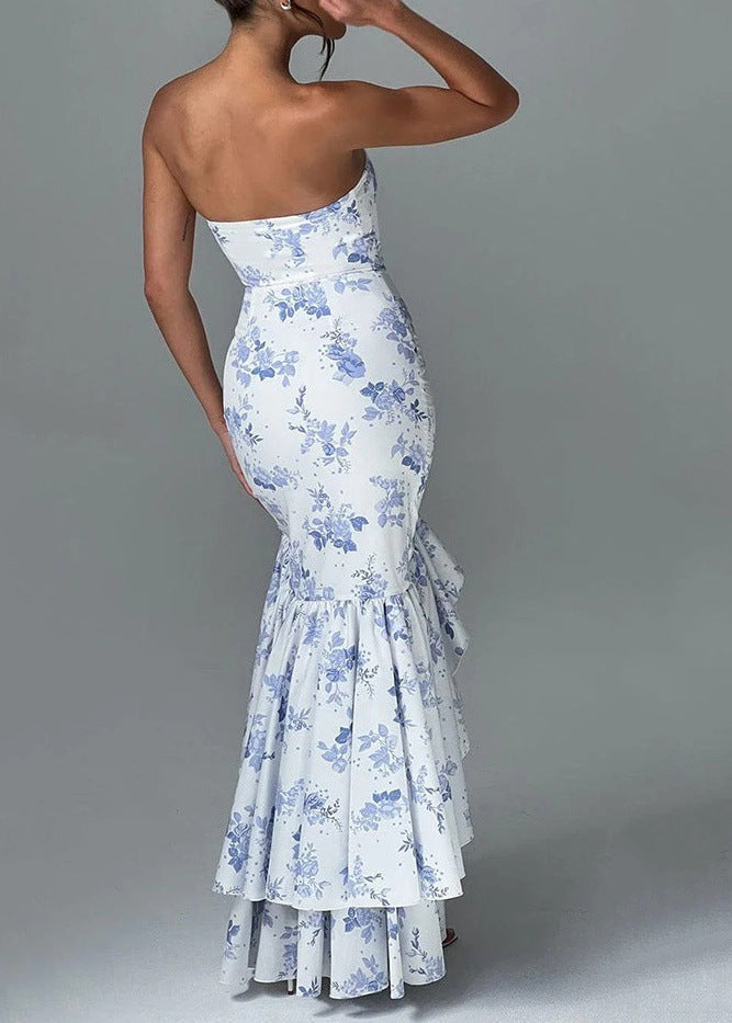 Floral Elegance Strapless Ruffled Maxi Dress