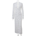 Garcelle Floral Lace Lace-up Long Bell Sleeve Slit Midi Dress
