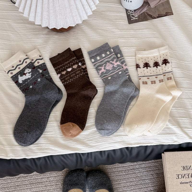 Intarsia Retro Thick Warm Mid Calf Socks
