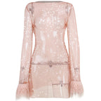 Long sleeve solid see through sheer mesh fluffy round neck mini dress