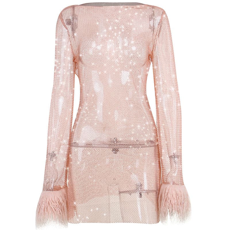 Long sleeve solid see through sheer mesh fluffy round neck mini dress