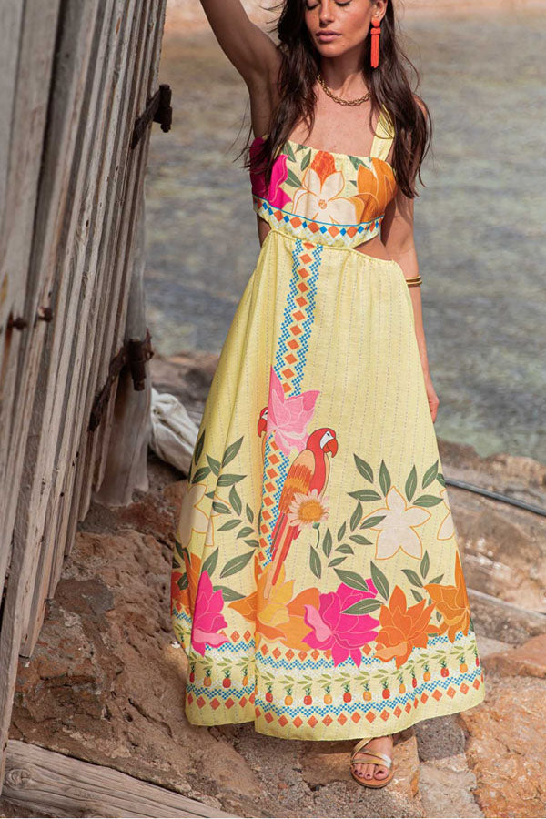 Resort Style Unique Print Sexy Square Neck Backless Waist Maxi Dress
