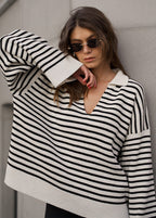 Mariner – Striped V-Neck Knit Sweater with Wide Sleeves