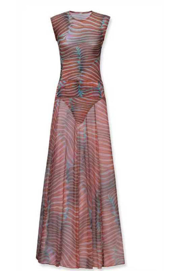Bella Stretch Mesh Unique Print Bodysuit and High Rise Elastic Waist Maxi Skirt Set