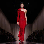 Christmas Red Three Dimensional One Shoulder Floral Sequin Formal Dress Stretch Dress Winter
