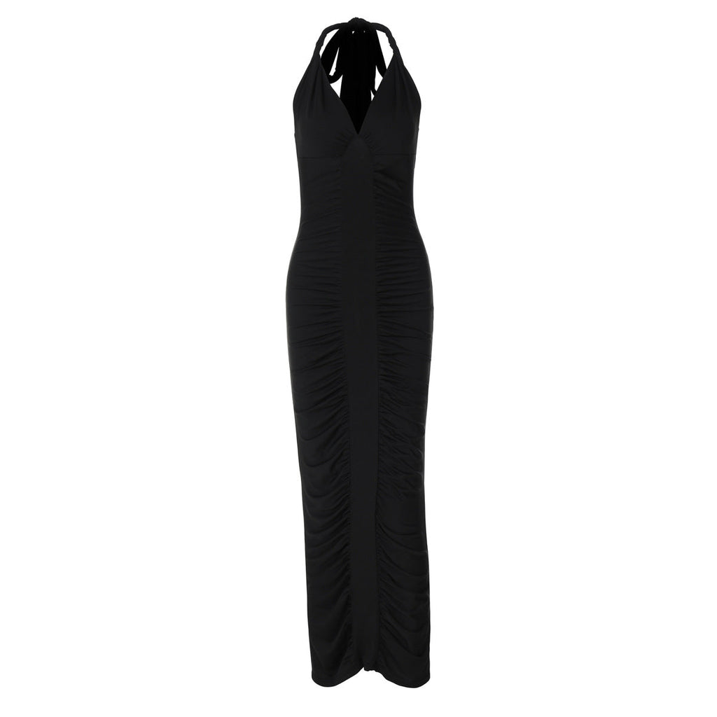 V neck Backless Lace up Slim Fit Pleated Dress