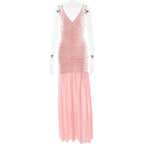 Elegant Straps Tulle Dress Sexy Deep V Plunge Pleated Stitched Backless Maxi Dress