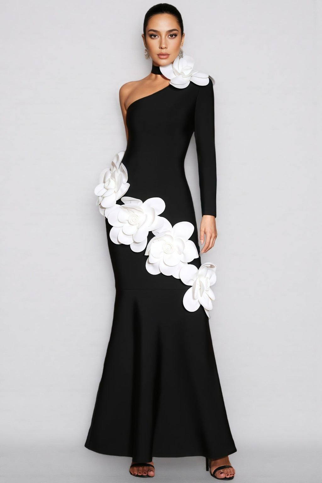 Zellk One Shoulder 3D Floral Bandage Maxi Dress