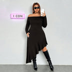 Elegant Dress Boat Collar Wooden Ear Midi Dress