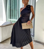 Romantic Nights Satin Raised Flower Elastic Cutout One Shoulder Pleated Maxi Dress
